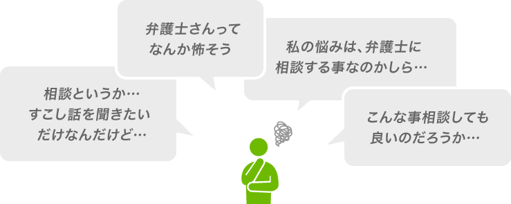 相談というか、すこし話を聞きたいだけなんだけど。弁護士さんってなんか怖そう。私の悩みは、弁護士に相談する事なのかしら。こんな事相談しても良いのだろうか。